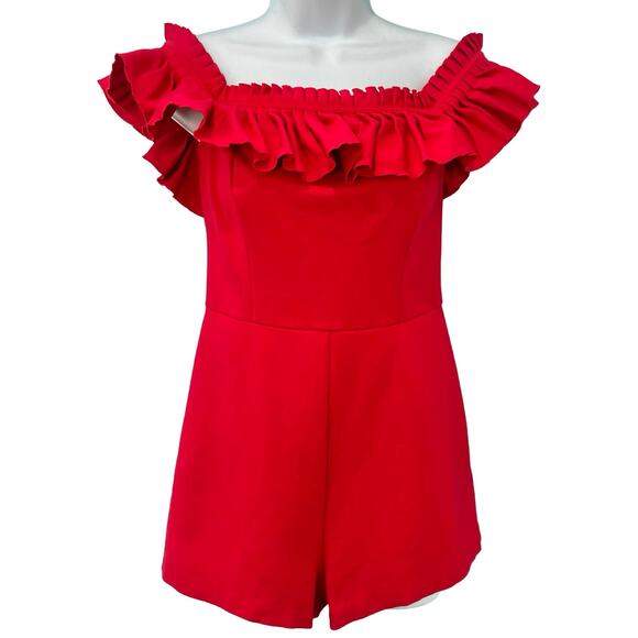 Urban Outfitters Pants - Urban Outfitters Cherry Red Rouge Off Shoulder Ruffle Heather Shorts Romper sz 2